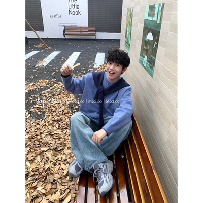 MeeLoo韩系披肩袖假两件毛衣ins宽松长袖针织衫复古慵懒感上衣潮