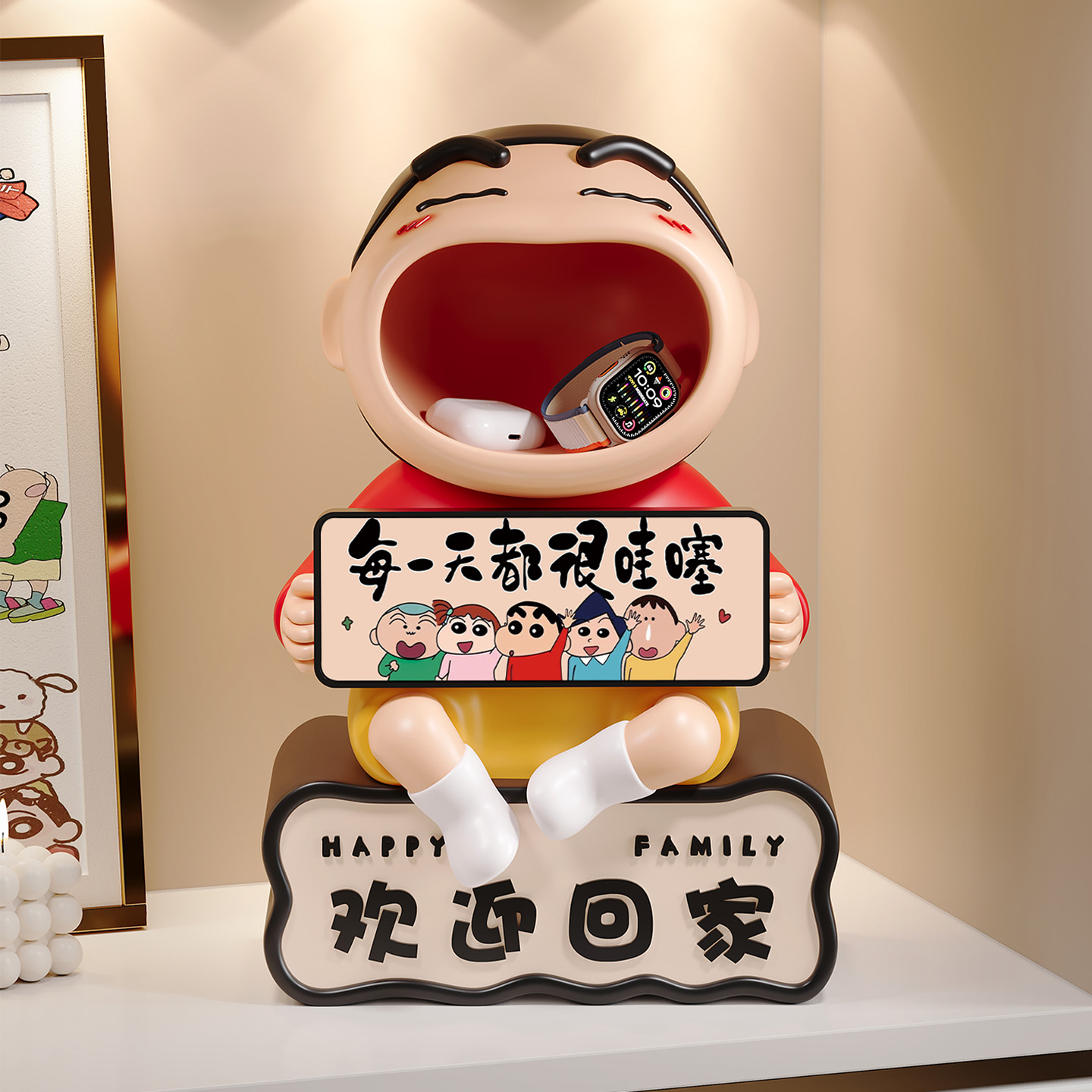蜡笔小新入户玄关钥匙收纳摆件儿童房格子柜装饰欢迎回家乔迁礼物