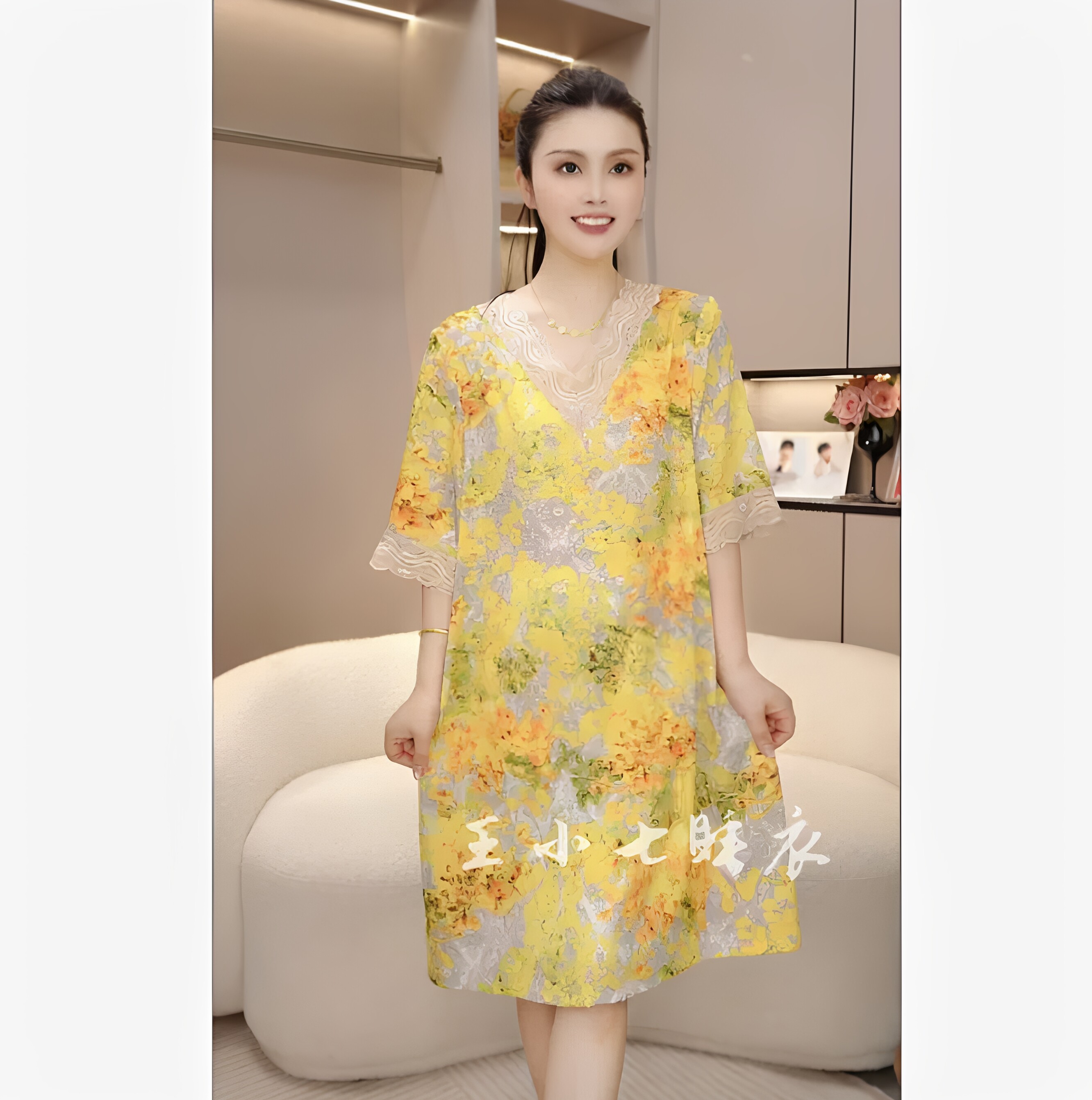 2026新款冰丝绸睡裙女夏季薄款蕾丝花卉宽松加大短袖睡衣裙连衣裙