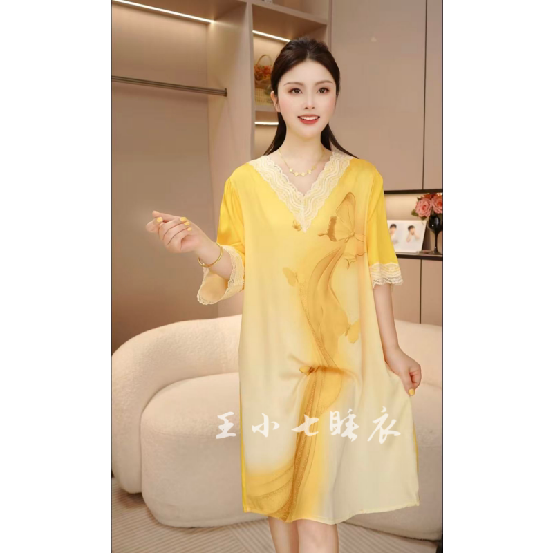 2026新款冰丝绸睡裙女夏季薄款蕾丝套头V领性感短袖睡衣裙连衣裙