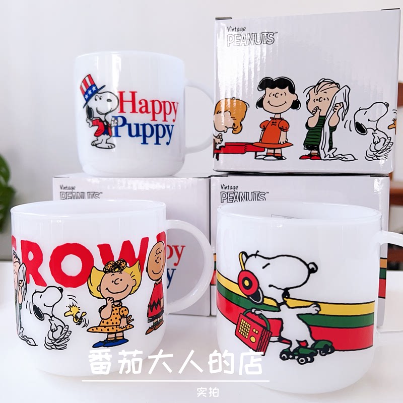 现货！日本带回史努比新款美式彩绘图案玻璃杯 耐热水杯牛奶杯