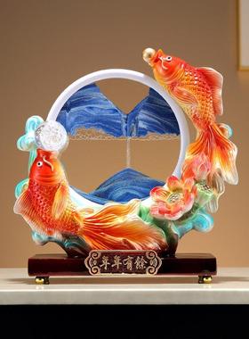 新中式年年有余 余流沙画 画创意摆件客厅酒柜电视柜玄关柜乔迁搬