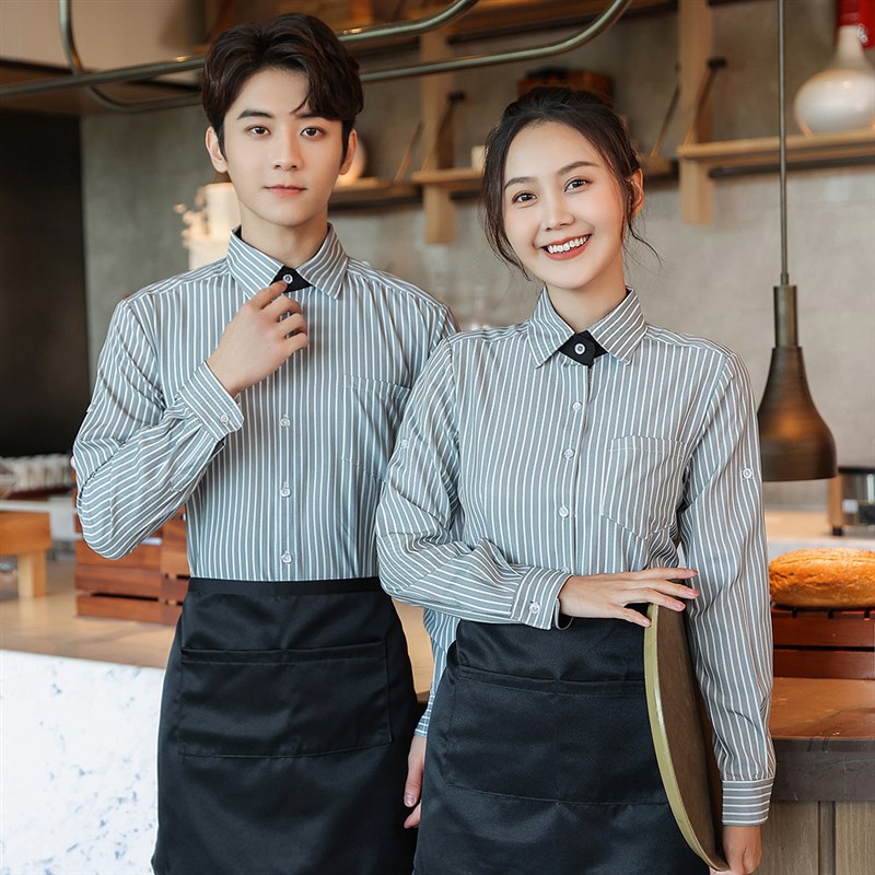 餐饮服务员工作服冬季长袖女咖啡西餐厅奶茶火锅店加绒加厚衬衫男