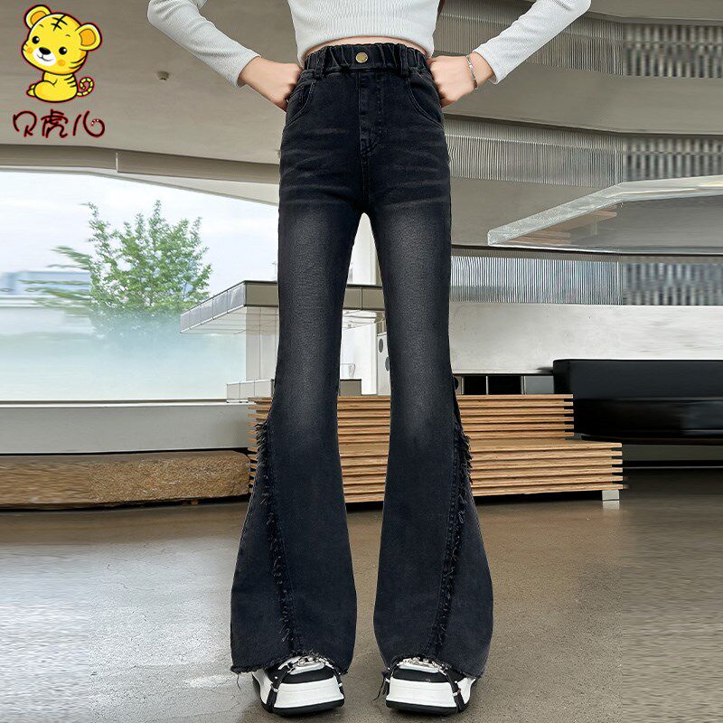 女童加绒裤子冬季2024新款加厚中大童休闲黑色喇叭秋冬儿童牛仔裤