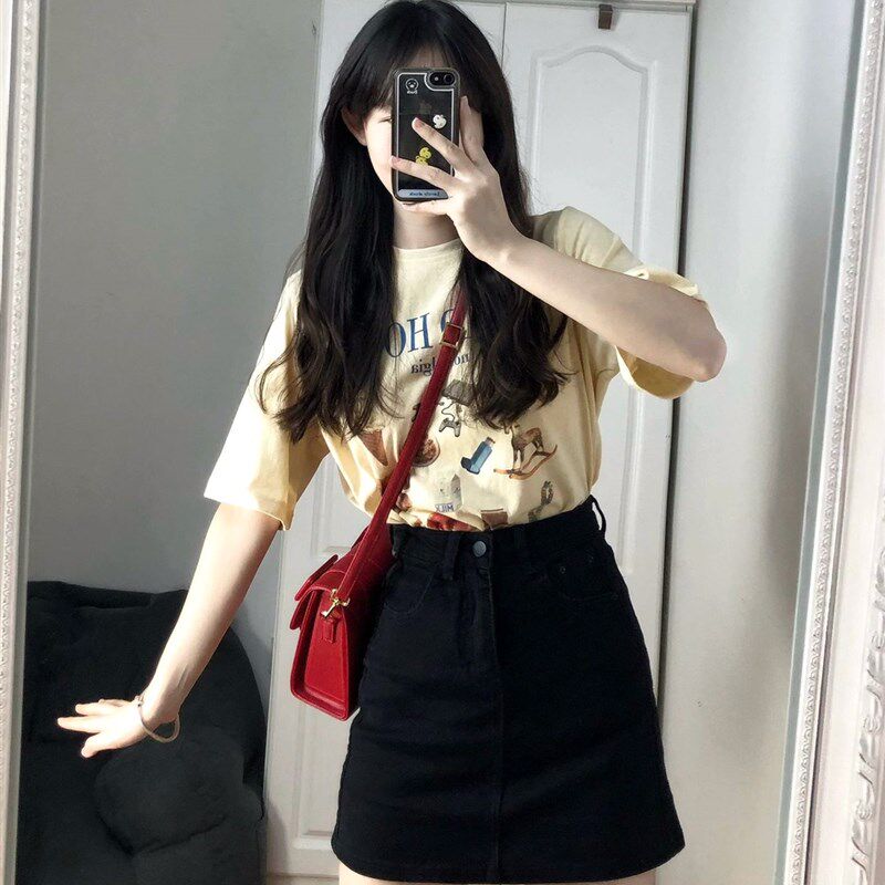 黑色高腰牛仔短裙女夏季大码胖mm显瘦遮肚a字包臀小个子半身裙子