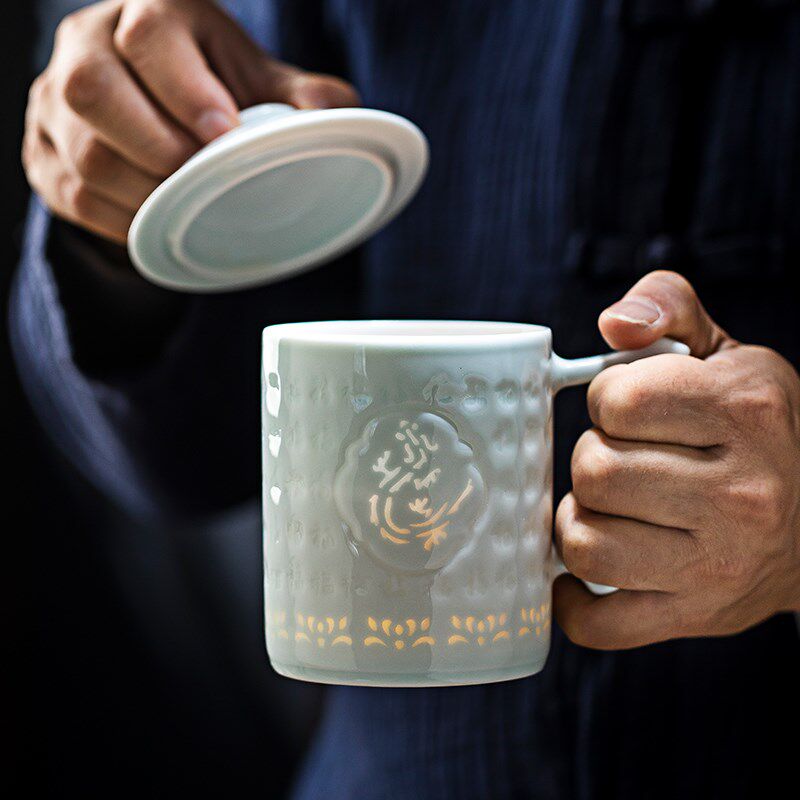 景德镇手工高端陶瓷茶水分离杯带盖男女过滤泡茶杯办公杯水杯礼物