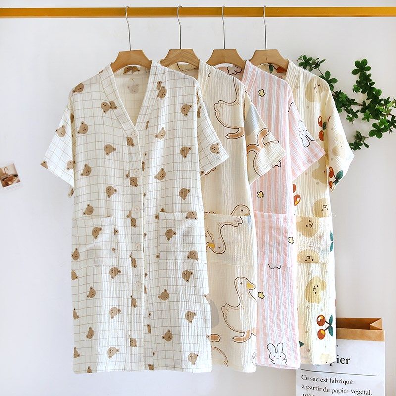 纯棉睡裙女夏季短袖甜美可爱卡通全棉双层绉纱布宽松薄款睡袍睡衣