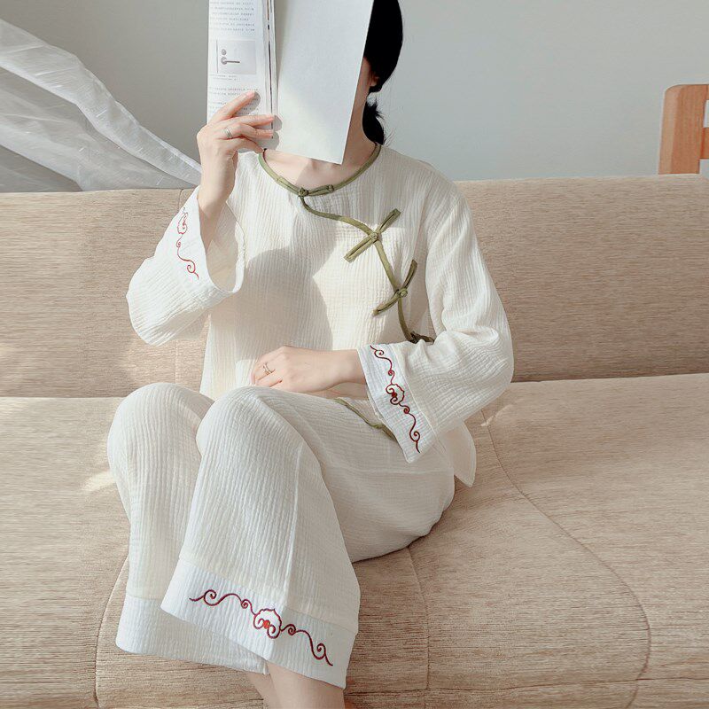 古风睡衣女春秋款纯棉纱布长袖家居服夏季女款开衫宽松大码套装