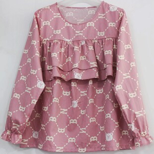 定制睡衣双层荷叶边防凸点上衣A类纯棉斜纹贡缎防走光女秋夏