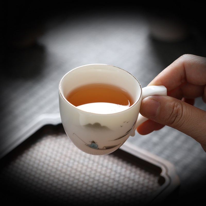 茶具套装2024新款功夫茶杯办公会客防烫带把手羊脂玉白瓷高档精致