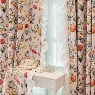 精选粉色雪尼尔新款窗帘卡通兔子遮光数码印花卧室飘窗女生儿童房