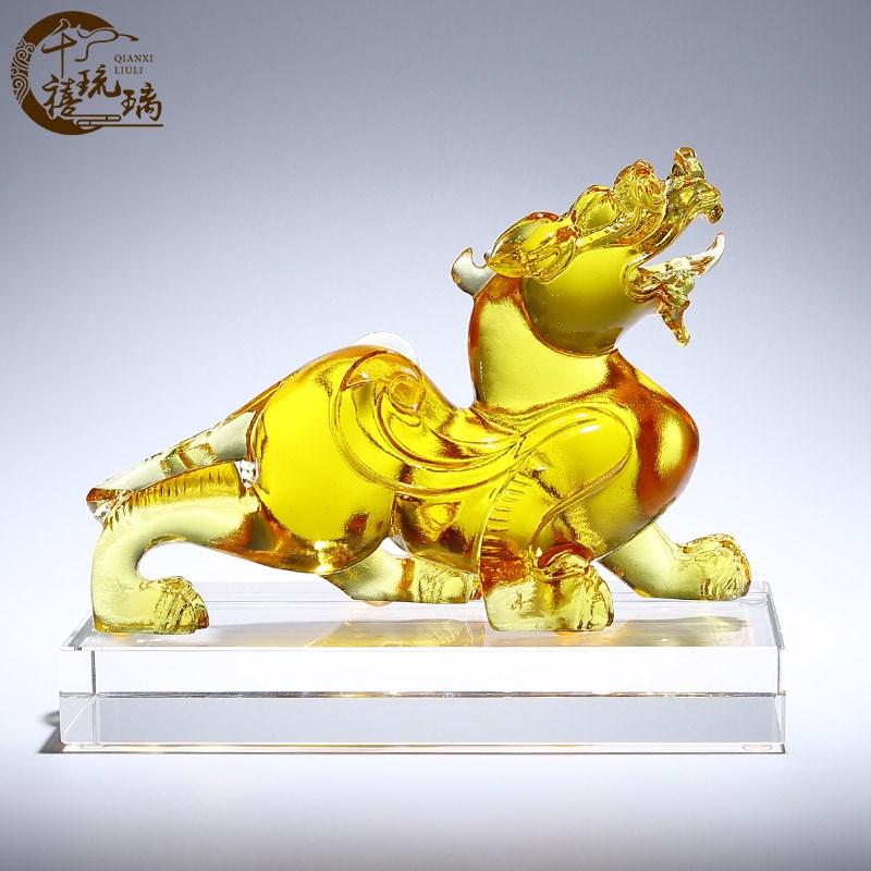 琉璃招财镇宅貔貅摆件一对金黄色水晶工艺品客厅装饰乔迁礼品中式