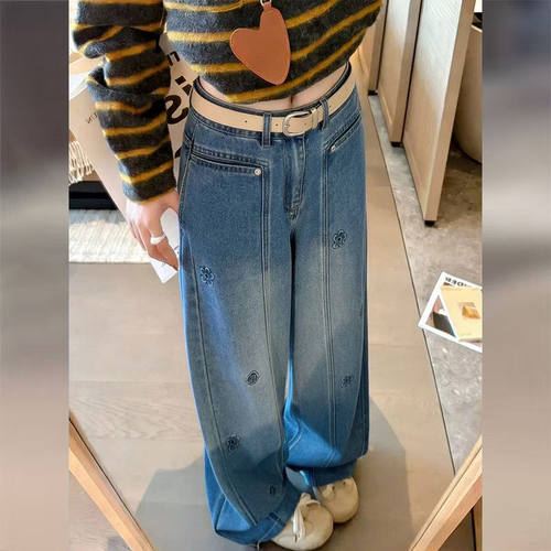 巨好看蓝色印花高腰牛仔裤子女2026新款春季休闲宽松拖地阔腿长裤