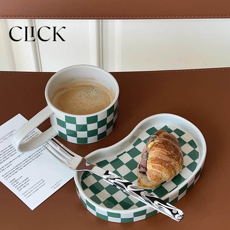 click复古绿色棋盘格杯子盘子大把手马克杯咖啡杯首饰置物盘陶瓷