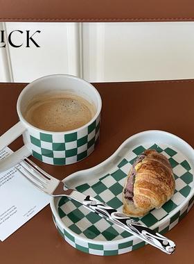click复古绿色棋盘格杯子盘子大把手马克杯咖啡杯首饰置物盘陶瓷