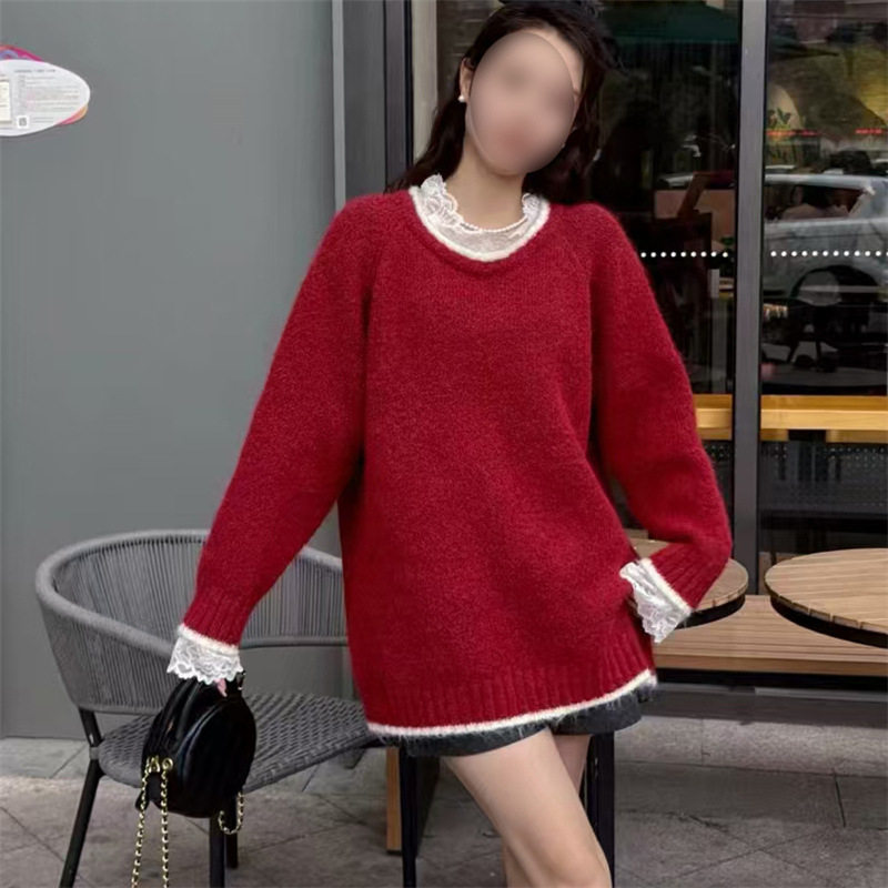 红色圆领蕾丝边复古加厚毛衣女秋冬季宽松温柔慵懒圣诞氛围感上衣