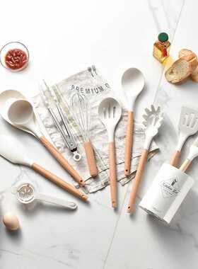 白色轻版木柄硅胶锅铲套装硅胶厨具12件套家用铲勺 kitchen set