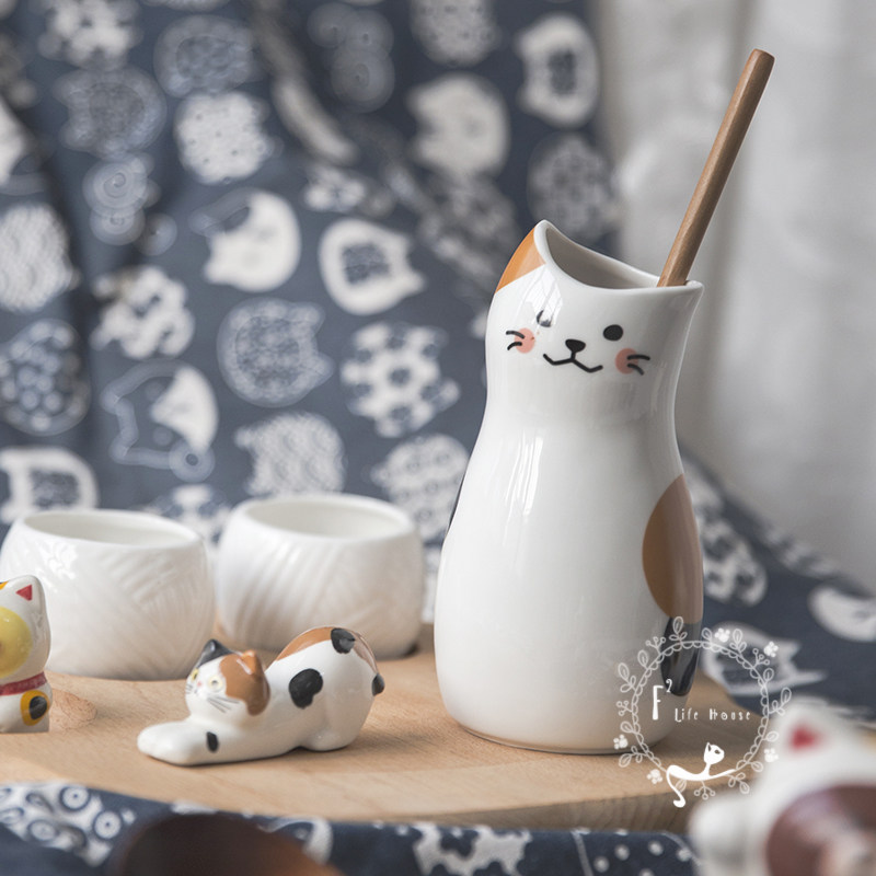 日式立体卡通猫咪歪头猫陶瓷清酒壶套件茶壶