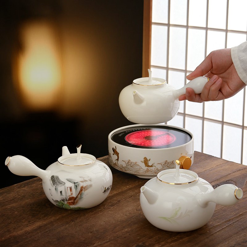 耐高温烧水壶砂铫壶泡茶家用电陶炉纯白煮茶壶响盖卡盖侧把烧水壶