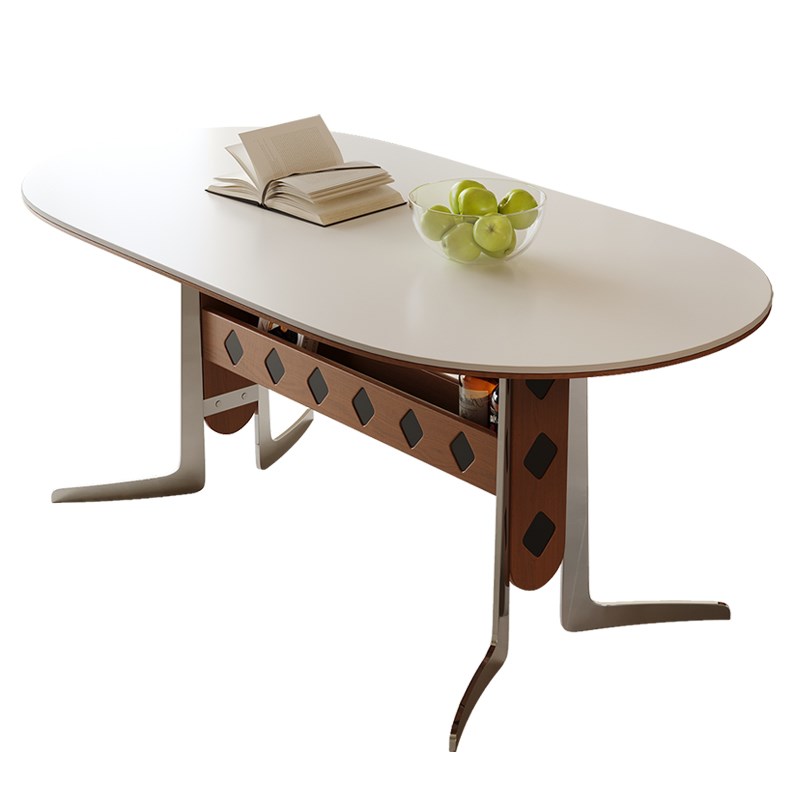 中古风纯白岩板餐桌长方形家用餐桌椅椭圆形实木大小户型餐台