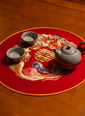 新中式结婚喜字餐垫婚礼敬茶杯垫喜庆用品刺绣花瓶垫红色茶几垫布