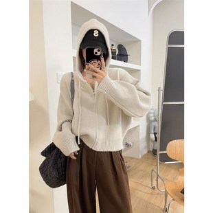 Mmao设计感拉炼连帽毛衣开衫外套女宽松秋季新款短款针织上衣加厚