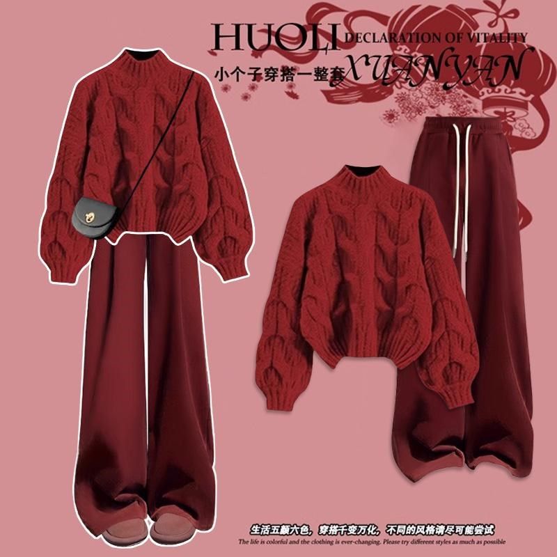 女童红色秋冬季套装穿搭一整套初中女孩大童加绒针织衫毛衣两件套