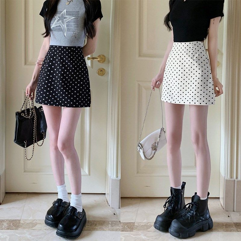波点高腰a字裙黑色圆点短裙女半身包裙显瘦防走光夏季短款一步裙