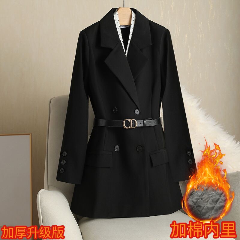 英伦风中长款毛呢西装外套女2021秋冬新款上衣夹棉加厚配腰带