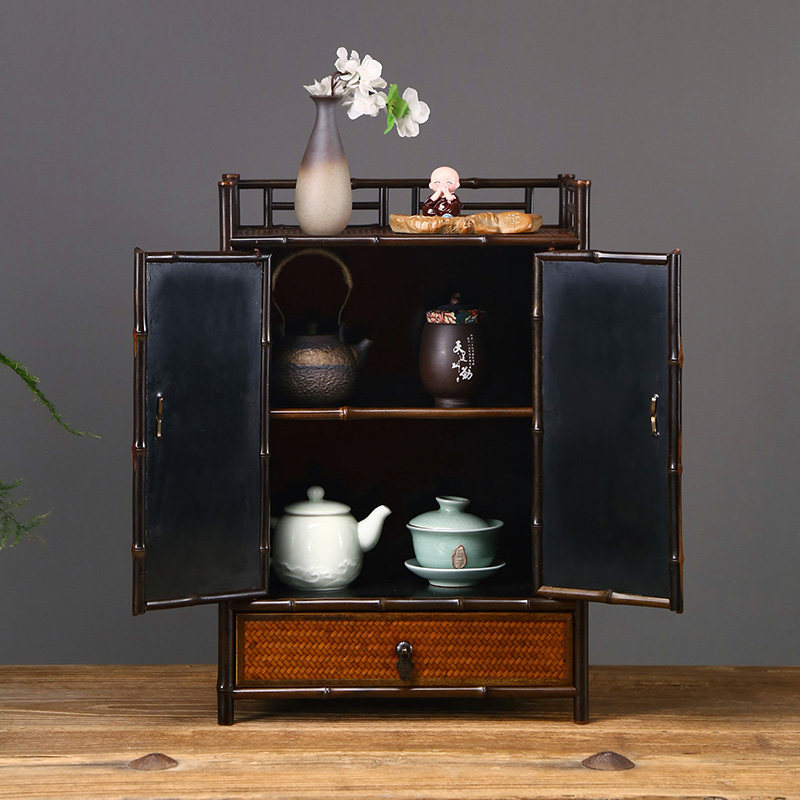 仿古紫竹茶棚桌面明式茶柜茶具收纳柜带抽屉复古博古展示架竹家具