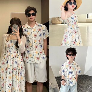 高端亲子装夏装短袖衬衫2024新款潮一家三口沙滩装母女吊带雪纺裙
