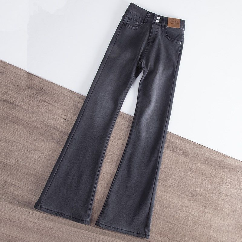 2024年秋冬新款加绒烟灰色微喇叭牛仔裤女弹力双排扣高腰加长裤,女装/女士精品,牛仔裤,淘宝优惠券,粉丝福利购,淘宝优惠卷