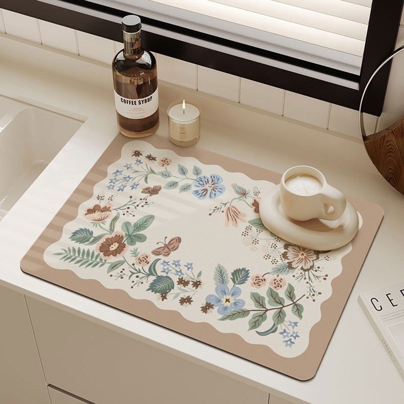 法瑞特法式奶茶色花朵厨房台面皮革吸水垫碗盘筷吧台水槽沥水垫子,居家布艺,厨房地垫,淘宝优惠券,粉丝福利购,淘宝优惠卷