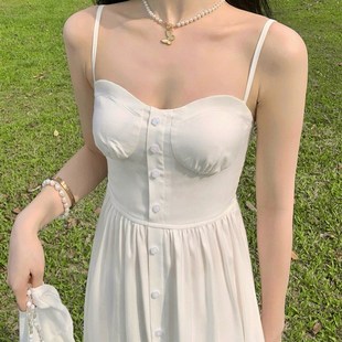 白色吊带连衣裙高级感长款收腰小个子仙女裙气质长裙夏法式温柔风