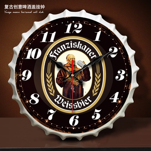 立体铁艺创意啤酒盖静音挂钟餐饮酒吧商用家用墙壁钟表墙壁装饰品