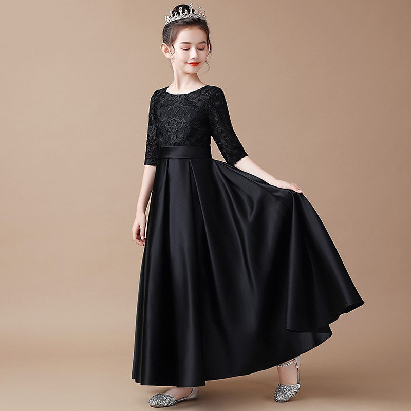 黑色女童礼服公主裙中大童走秀钢琴演出小提琴演奏服儿童乐团合唱