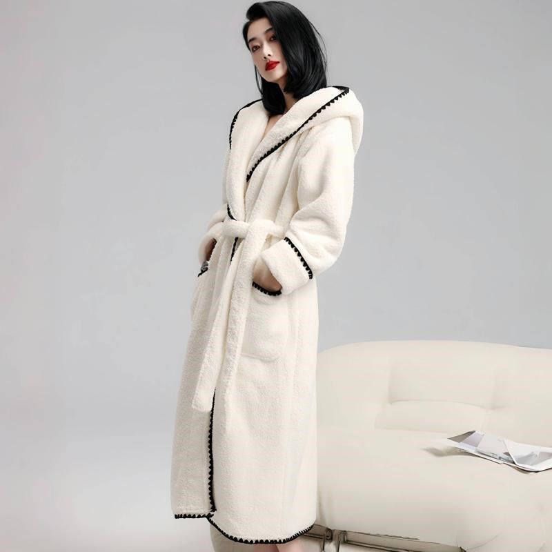 睡袍女款秋冬季加绒加厚珊瑚绒睡衣长款浴袍法兰绒连帽晨袍家居服