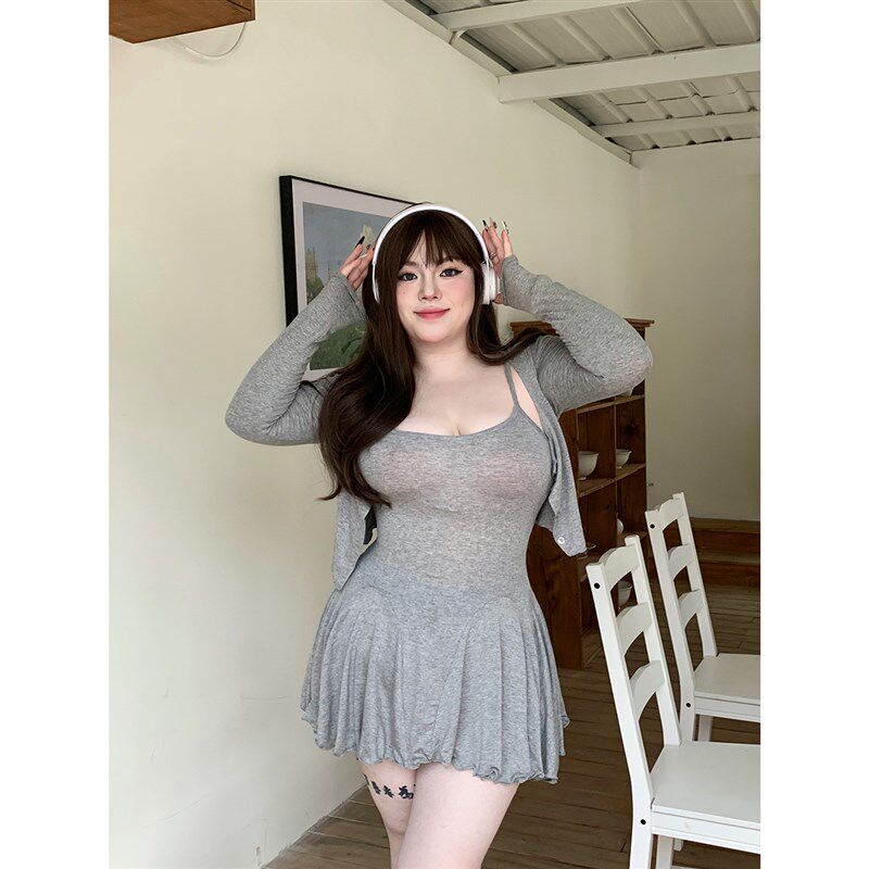 颖宝微胖MM大码连衣裙子性感气质修身显瘦吊带仙女裙开衫两件套装