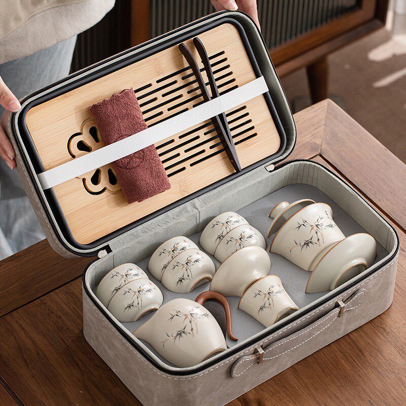 黄汝窑旅行茶具套装家用便携式功夫喝茶小套组旅游收纳茶盘伴手礼