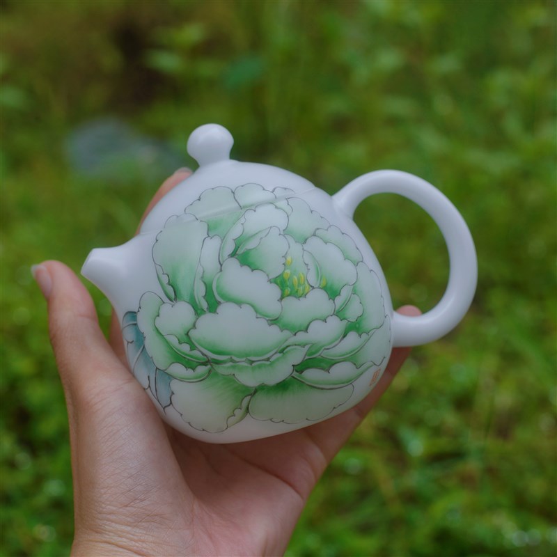 冰种玉瓷手绘绿牡丹龙蛋壶德化白玉瓷茶壶功夫茶具泡茶壶礼品收藏