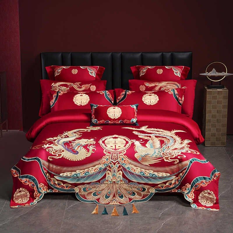 140支婚庆四件套大红龙凤纯棉结婚全棉六件套新婚房嫁礼床上用品