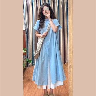 日杂风短袖衬衫连衣裙女装夏季单排扣蓝色显瘦叠穿中长款A字裙子