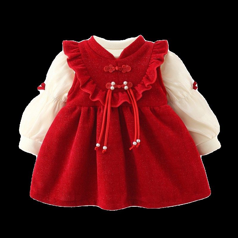 女童连衣裙套装秋冬加绒中国风公主裙子婴儿宝宝周岁红色新年礼服