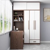 实木伸缩转角连体衣柜书桌一体小户型卧室拐角电脑桌加书柜组合