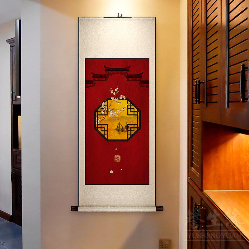 中国风新中式卷轴挂画竖版玄关装饰画餐厅书房挂轴客厅走廊墙壁画
