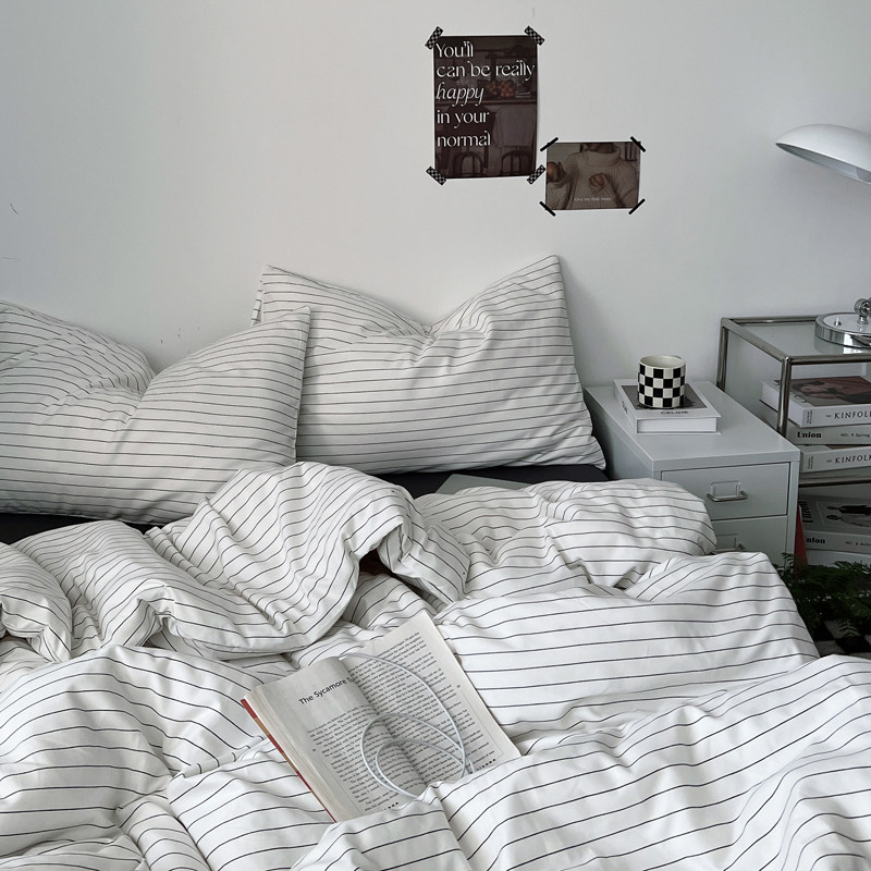 黑黑白条~四件套水洗棉1.8床上用品被罩床单人学生宿舍三件套床笠