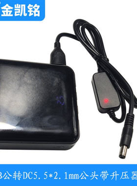 USB公转DC5521公头升压线带红色指示灯 0.5平方裸铜黑色圆线1米