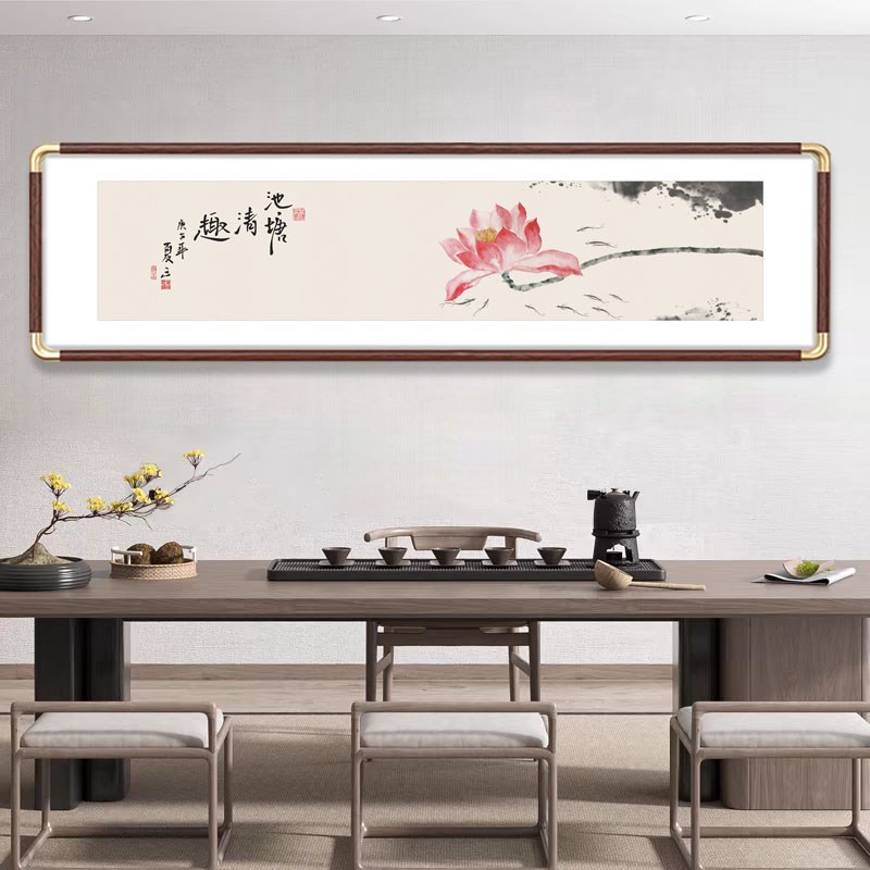 新中式沙发背景墙装饰画客餐x厅花鸟画卧室床头横版画茶室书房挂