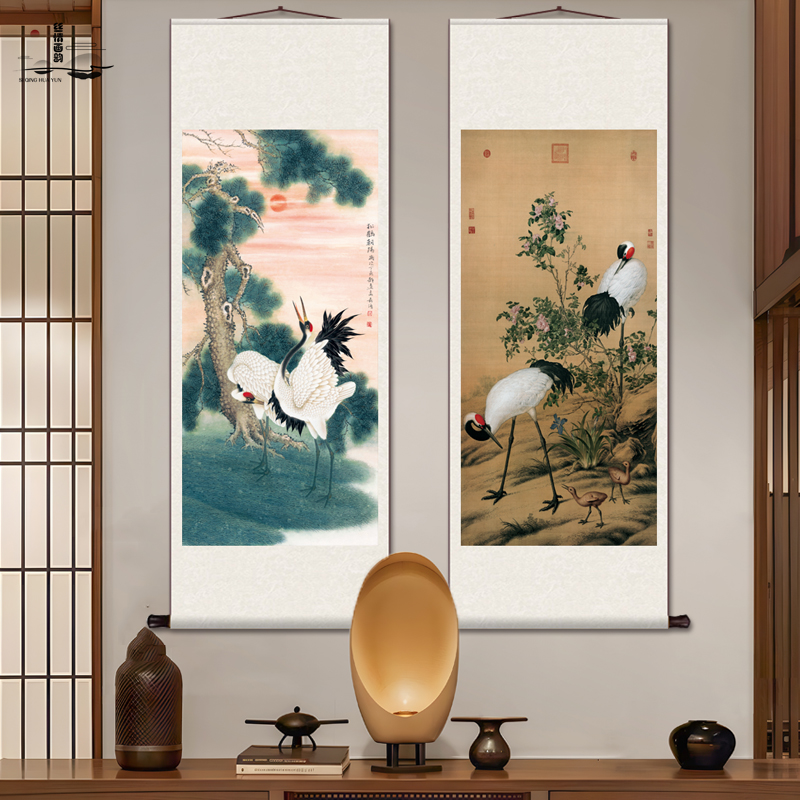 松鹤朝阳花鸟画入户玄关字画挂画贺寿喜庆送礼字画丝绸卷轴风水画