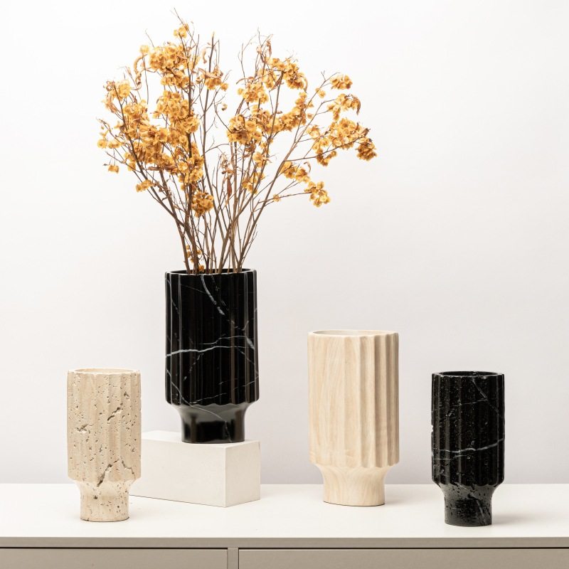 北欧现代仿大理石纹树脂花瓶花器摆件客厅餐厅圆柱软装家居装饰品